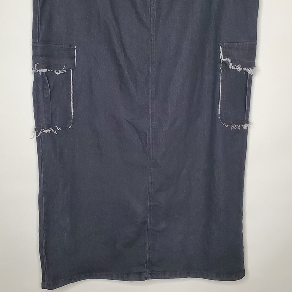 Cargo Pocket Jean Maxi Skirt 3X Black Wash Stretch Denim Midi Goth Distressed - Picture 3 of 11
